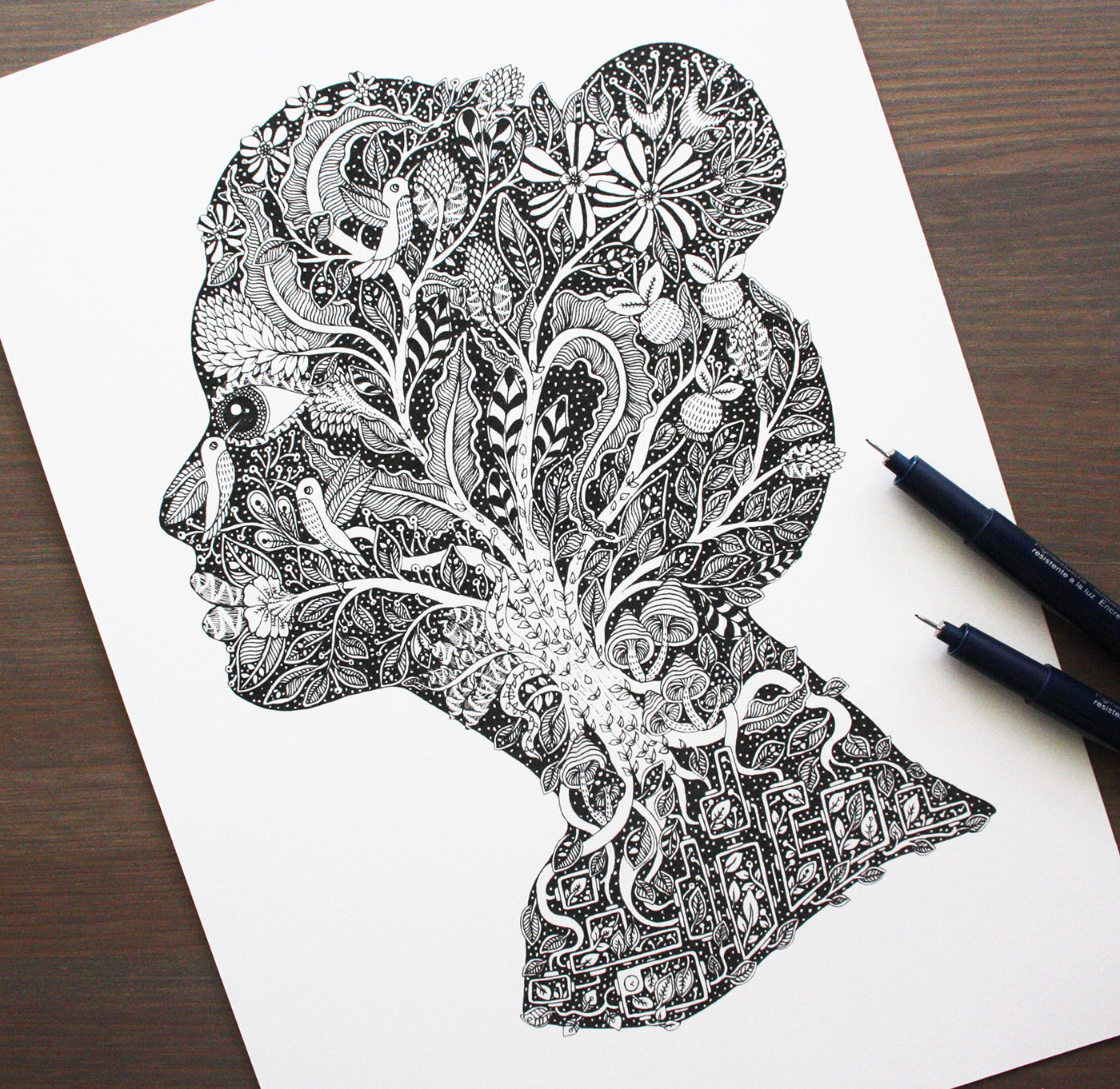 art print face Nature animals bird artwork inspiration surreal ink pen handdrawn black and white botanical
