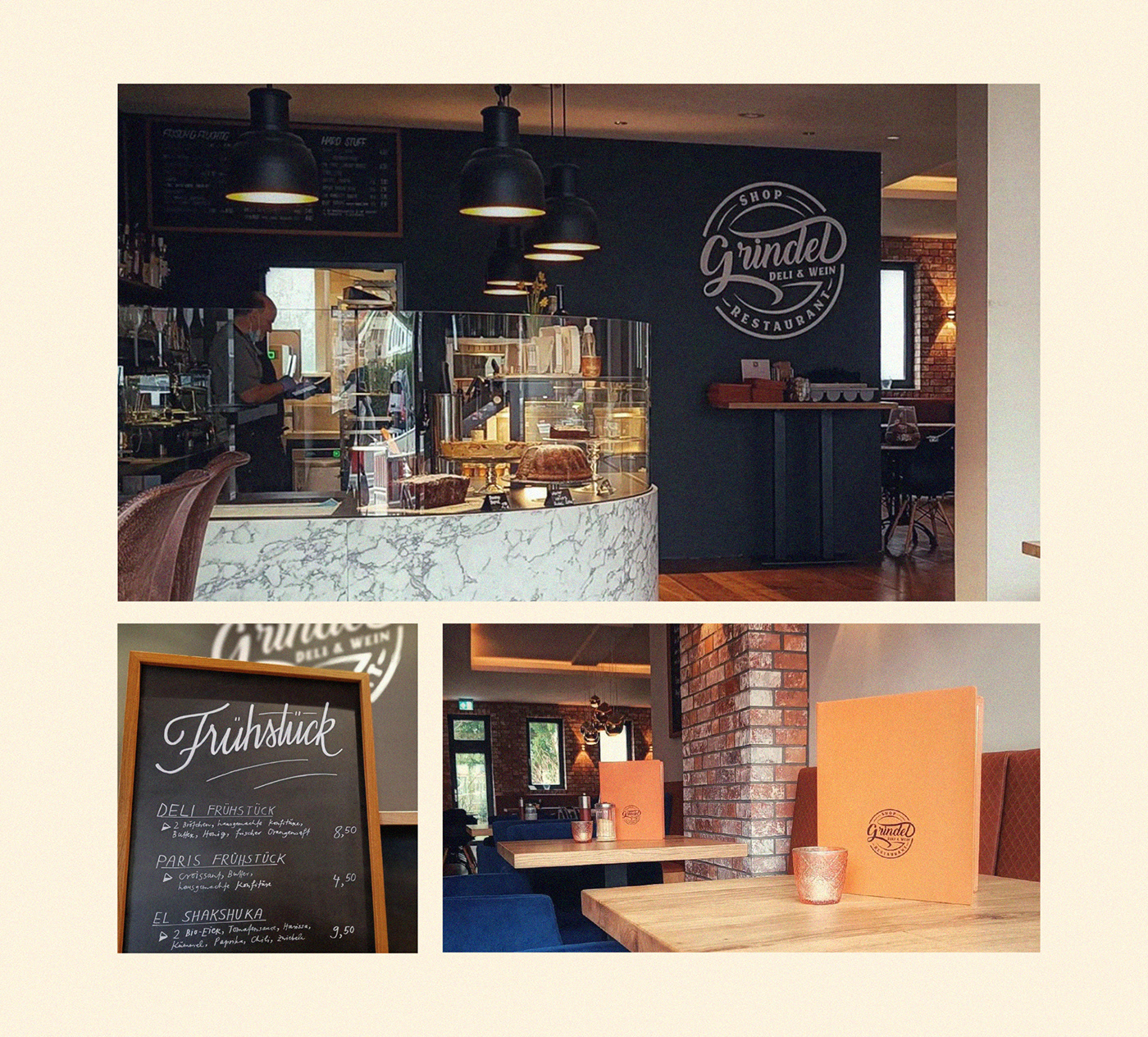 Pictures of the restaurant in Germany with a nice design. The logo is in the wall. Logo on the wall 