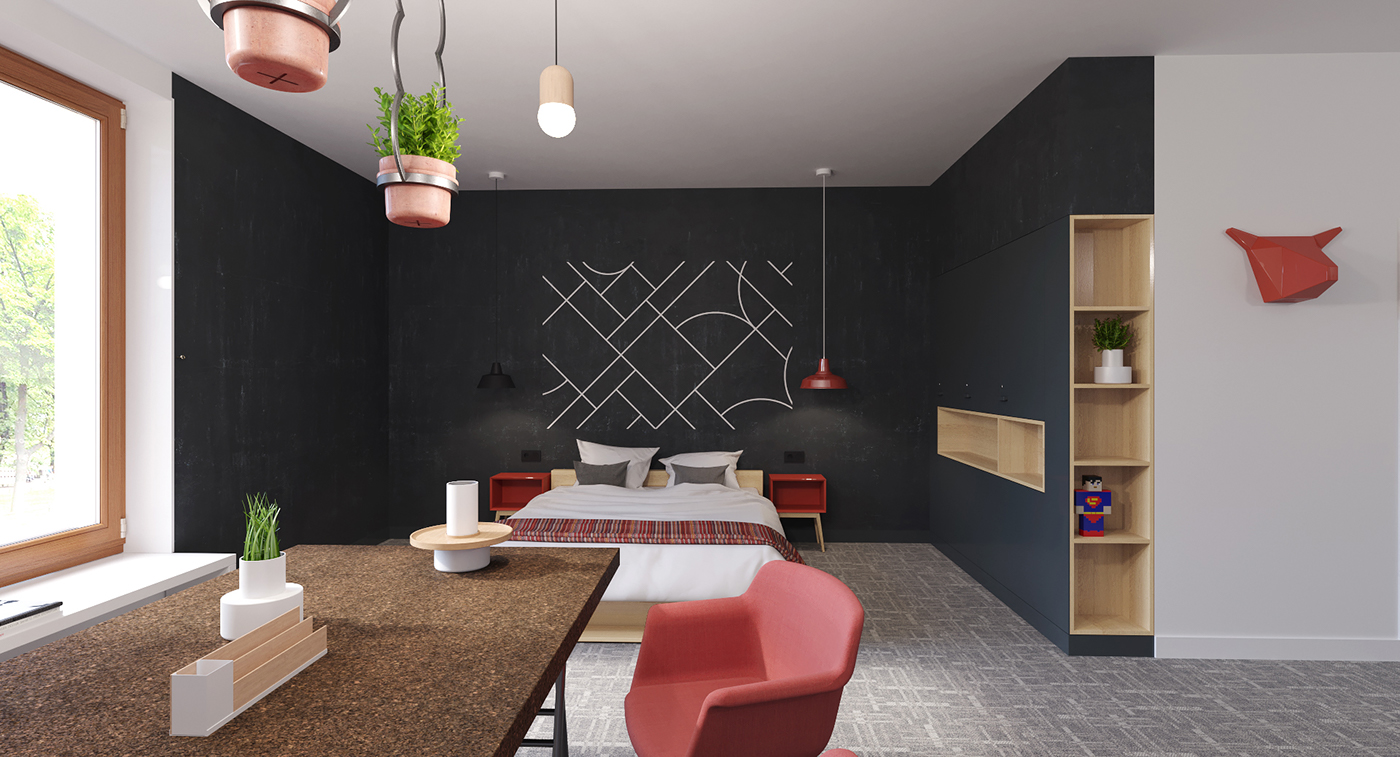 CoronaRender  visualization contemporary interior apartment design hostel Russia modern brand interior design  Interior