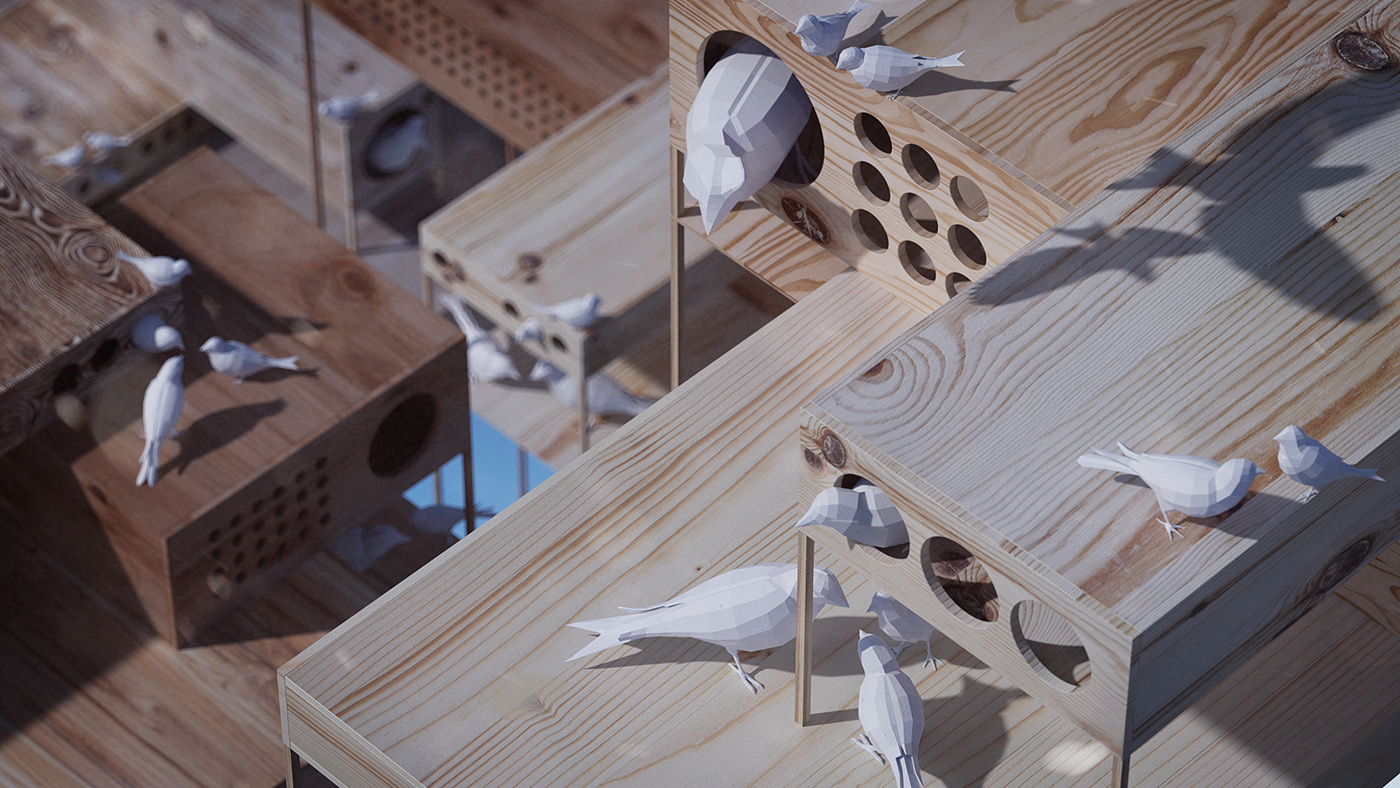 wood paper bird Birdhouse daylight redshift Render concept conceptart texture