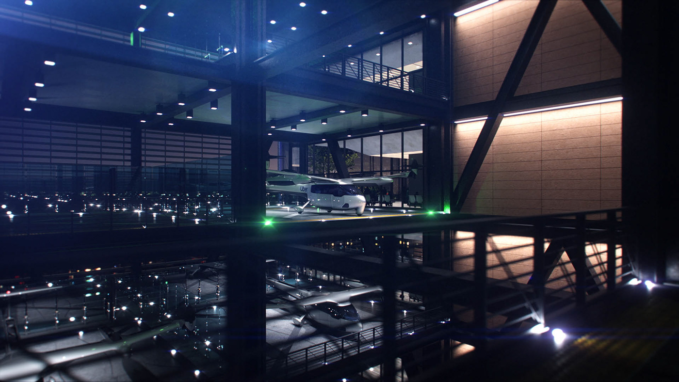 Uber animation  art direction  lighting Aircraft CGI photoreal city