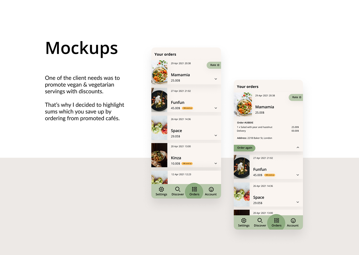 Figma food delivery Mobile app user persona user experience user interface app design UI/UX Health vegan