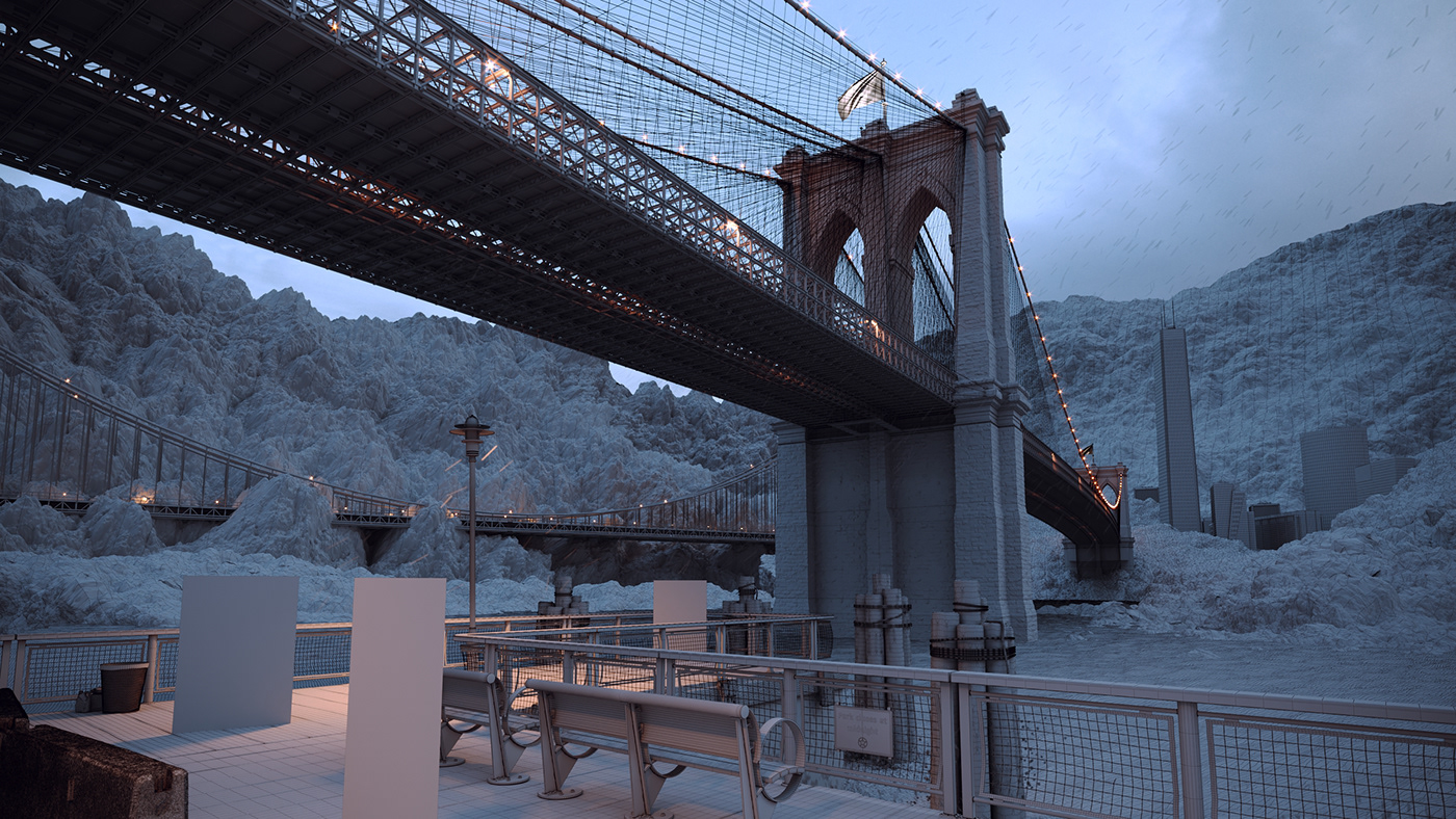nyc CGI corona Brooklyn bridge 3D snow usa Render