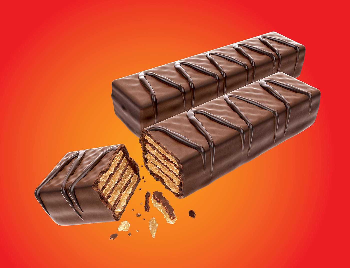 chocolate bar wafer CGI caputo Packaging explosion Flying