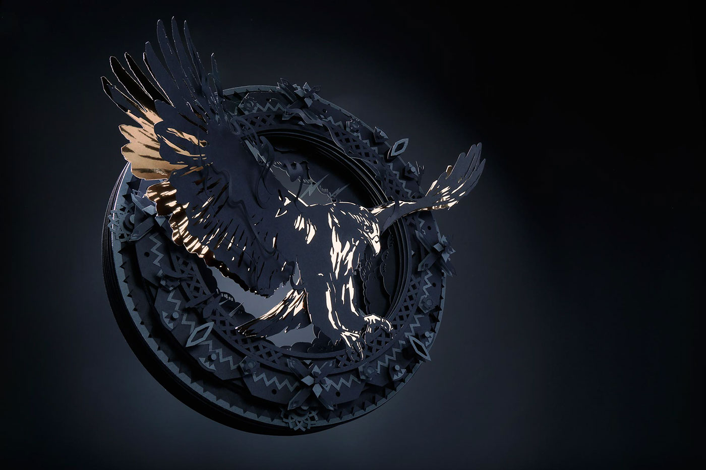 eagle tactile paper sculpture Moody black gold dramatic hand made