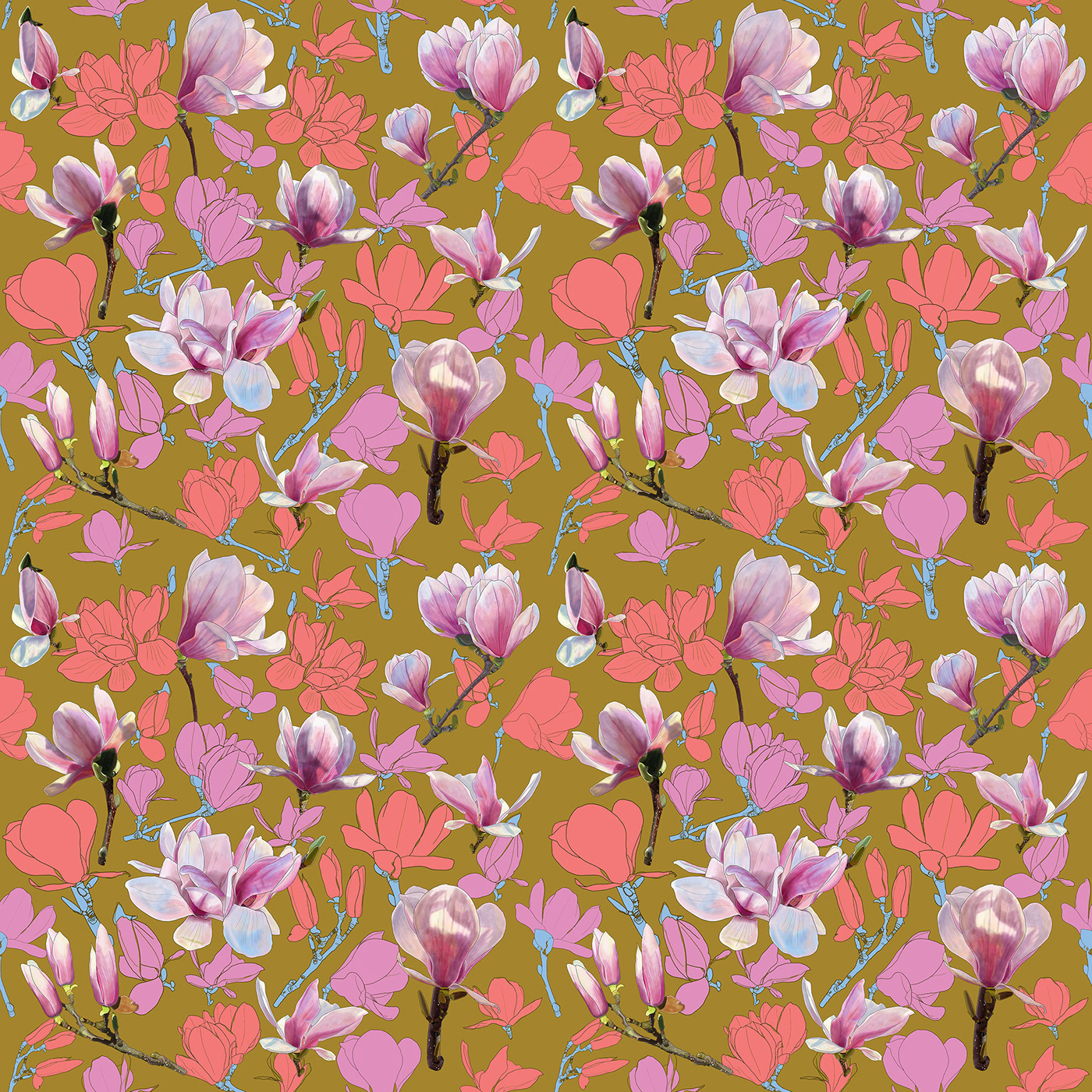 magnolia pattern digital illustration pink seamless