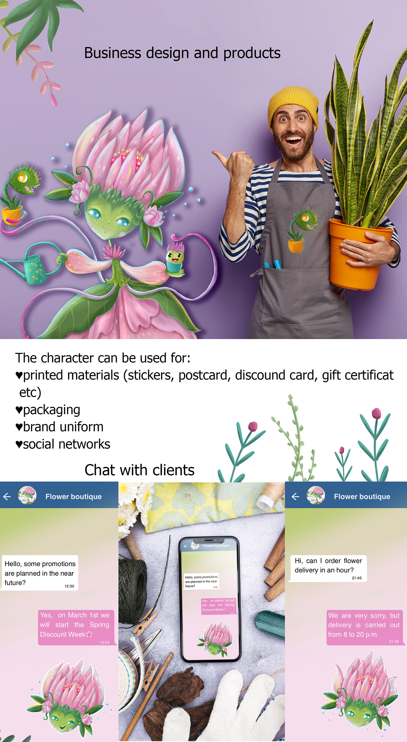 brand character character concept Character design  Digital Art  flower child Flower Shop Flowers houseplants ILLUSTRATION  Mascot