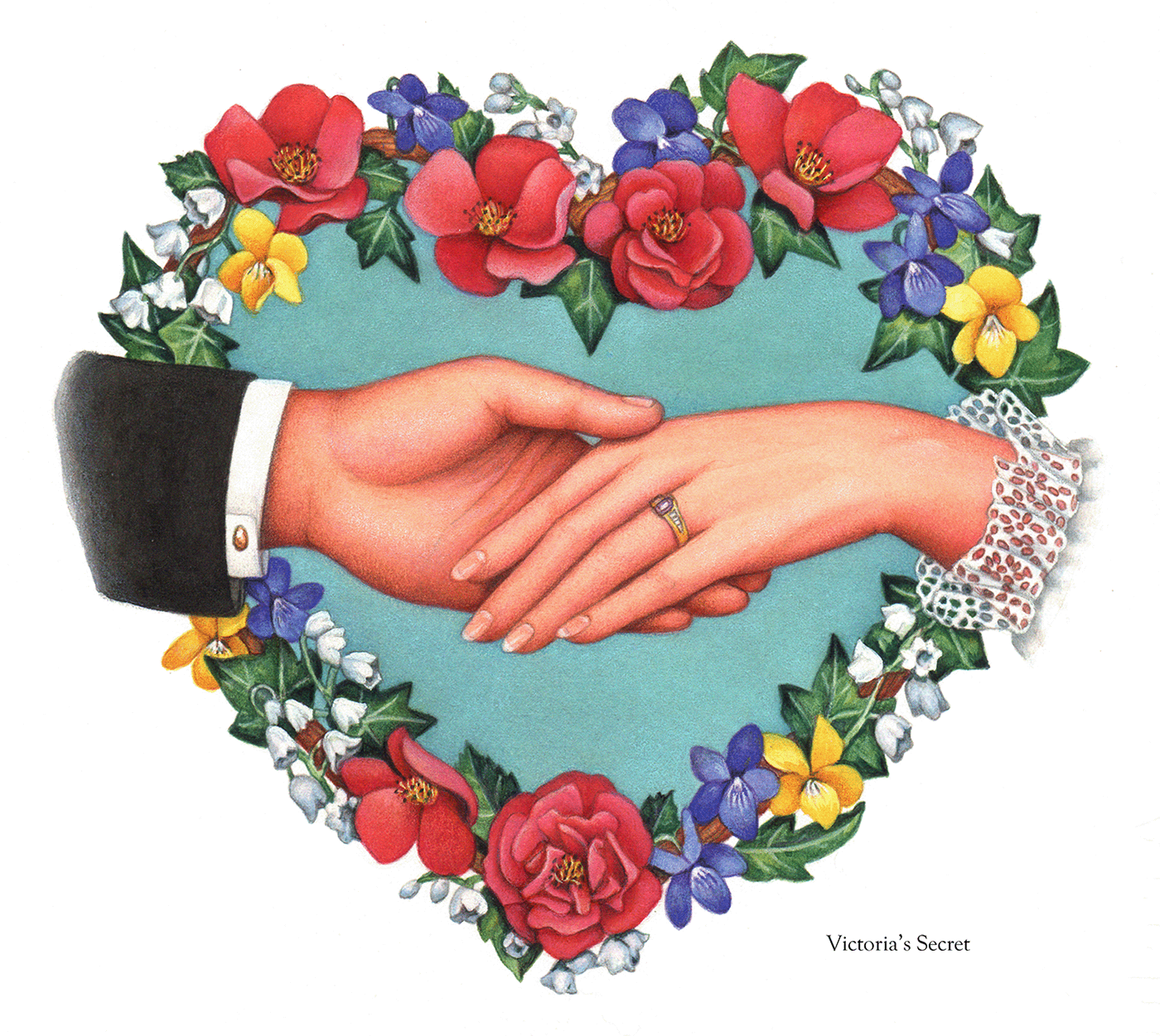 Watercolor painting of a floral heart with two holding hands.