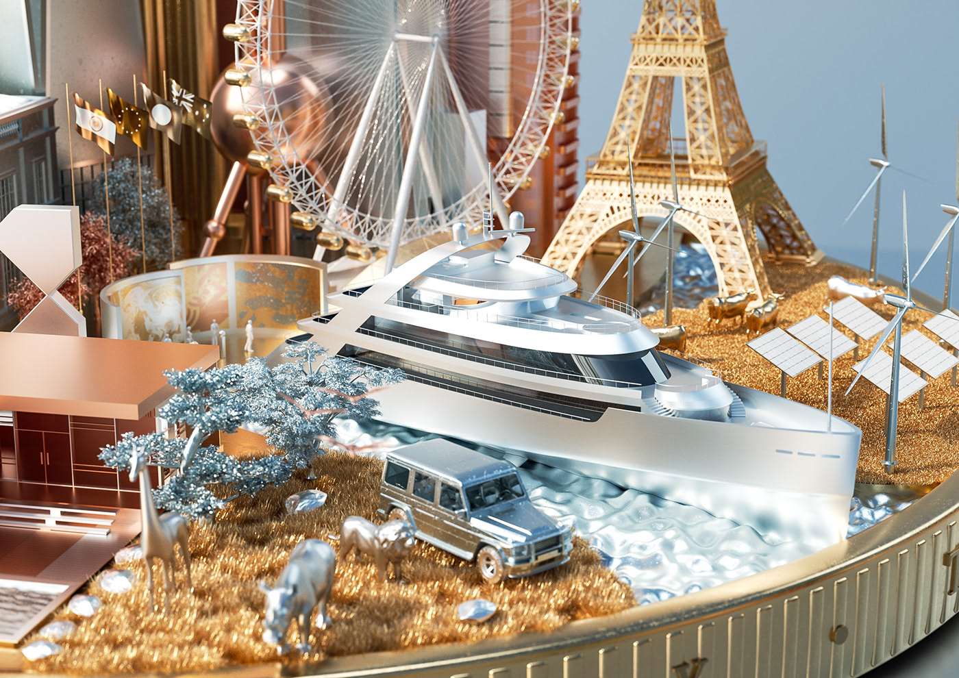 3D CGI art Knight Frank wealth report finance luxury artwork motion animation 