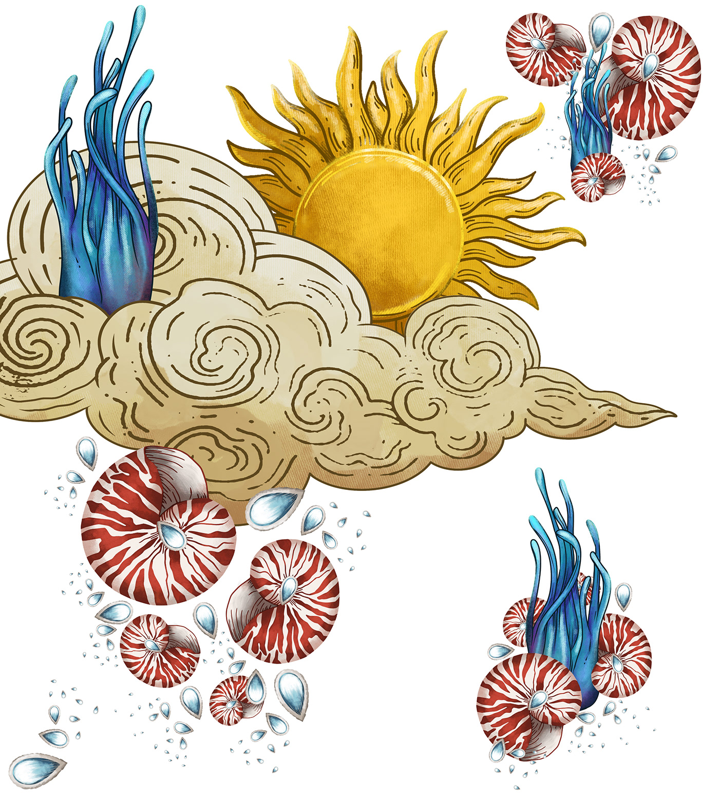 textile Procreate ILLUSTRATION  print print design  coral cloud snails diamonds Embroidery watercolor texture Sun textile composition
