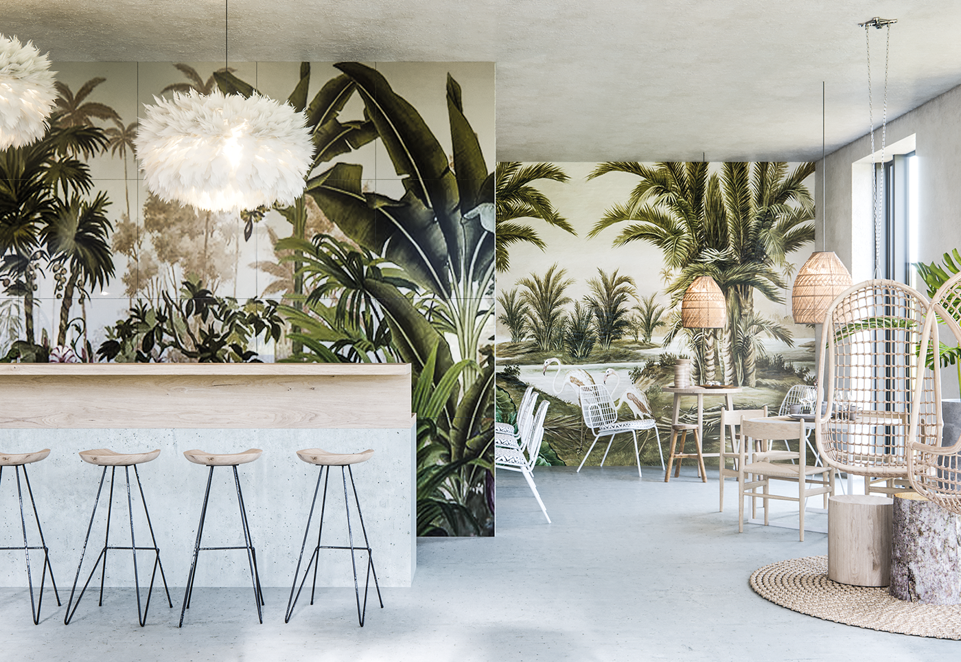 corona renderer 3dsmax interior design  restaurant design textile plants Tropical Scandinavian wood