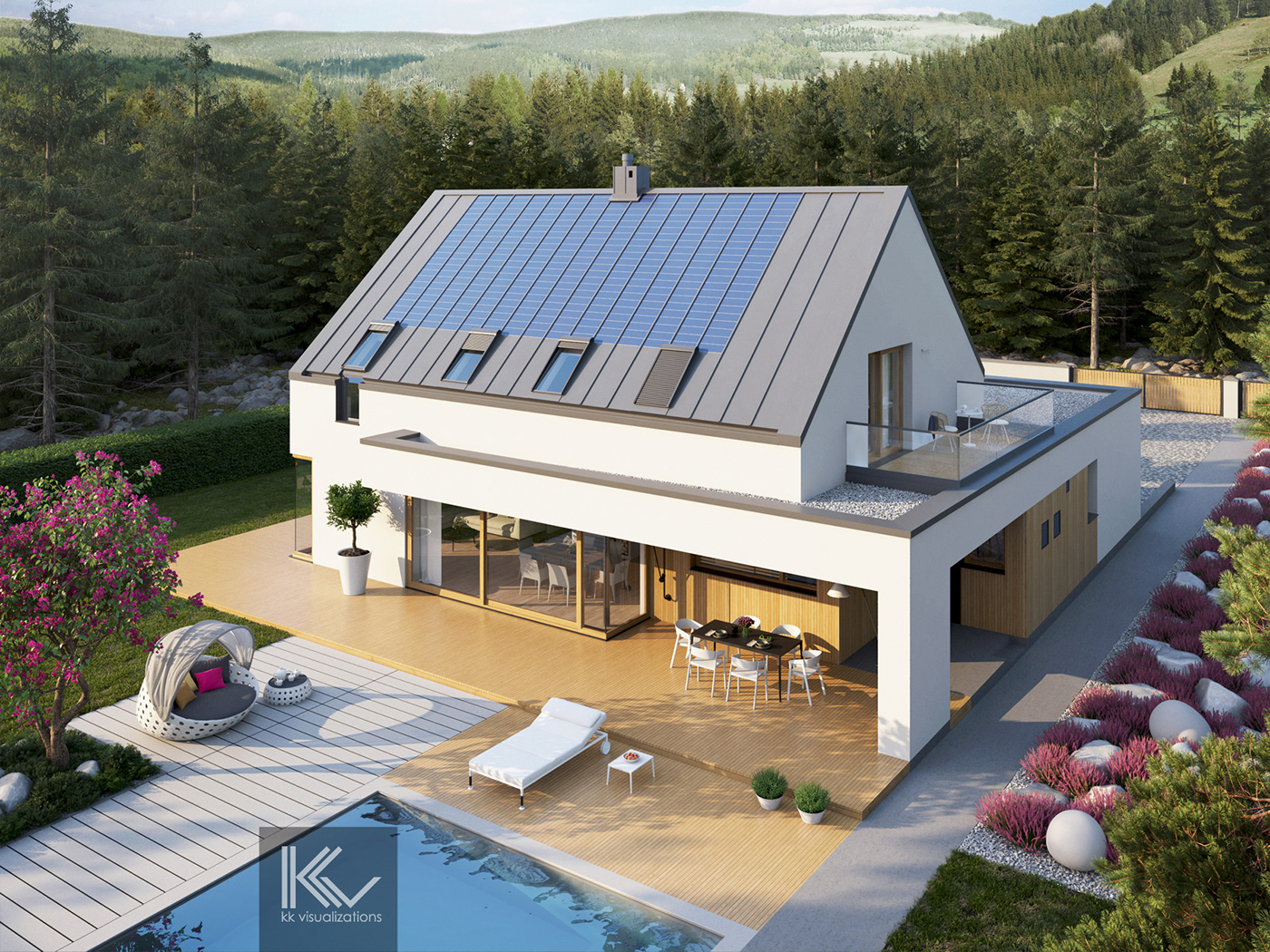 house modern stylish simple realistic visualization mood winter scenery summer