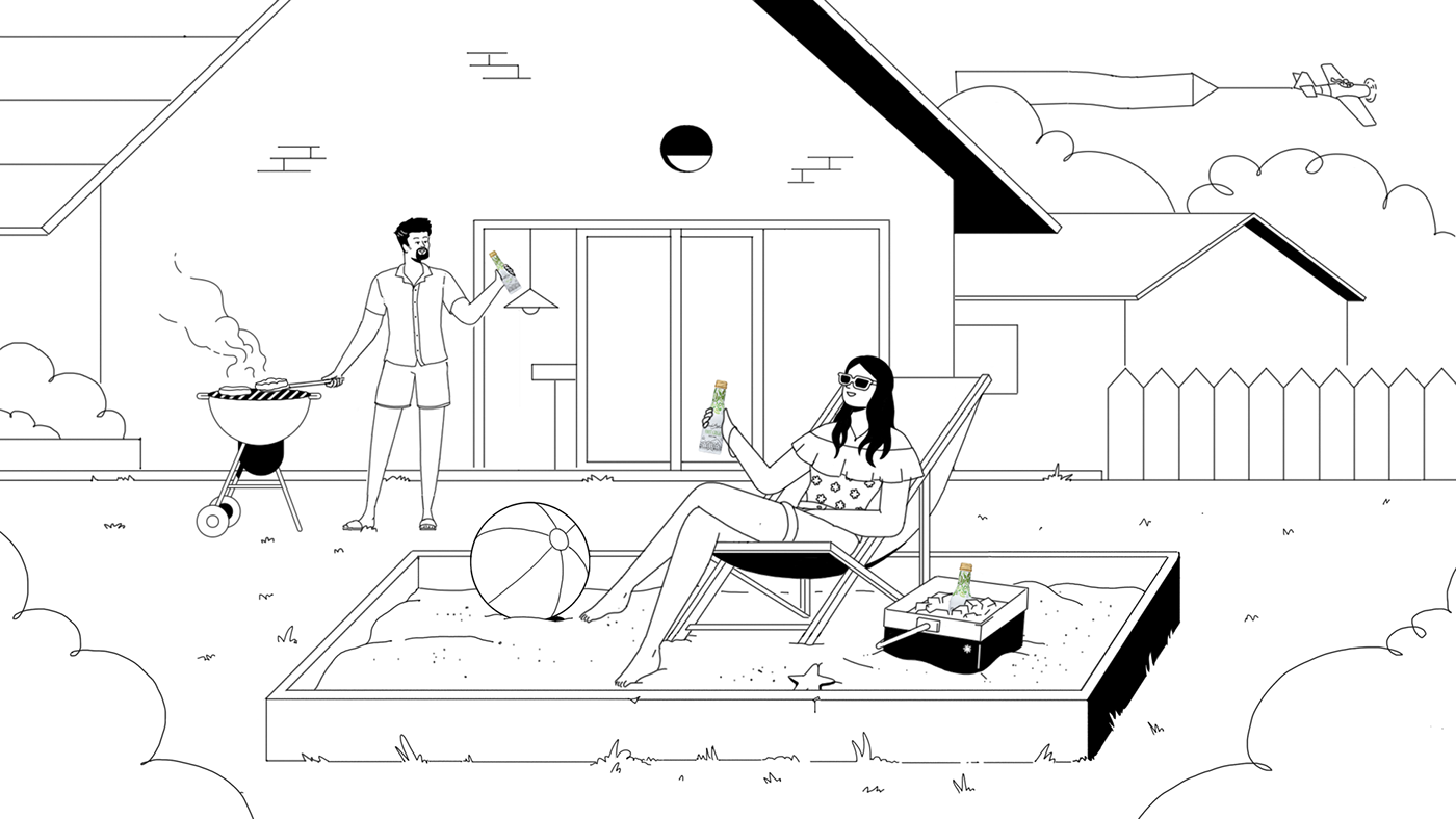 2D Animation beach black and white Character design  glamping ILLUSTRATION  line art Stylelife summer wine