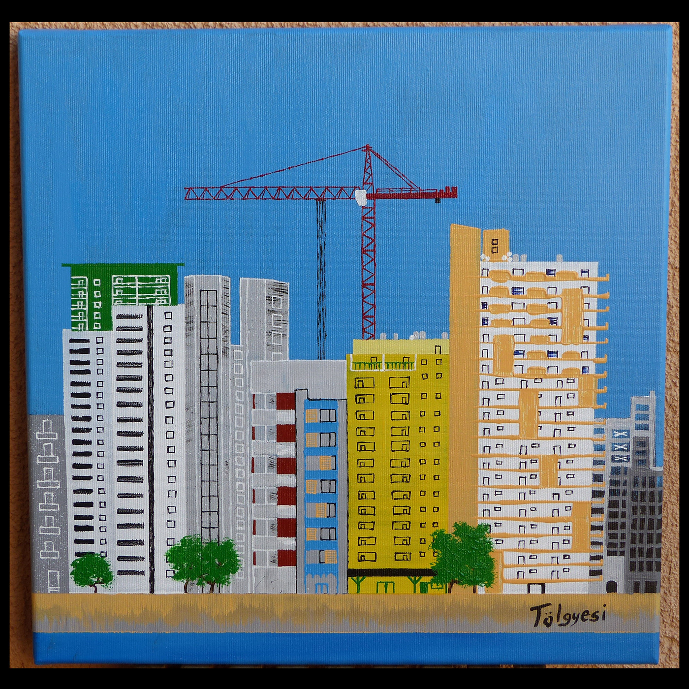 acrylic buildings city crane painting   Tower crane