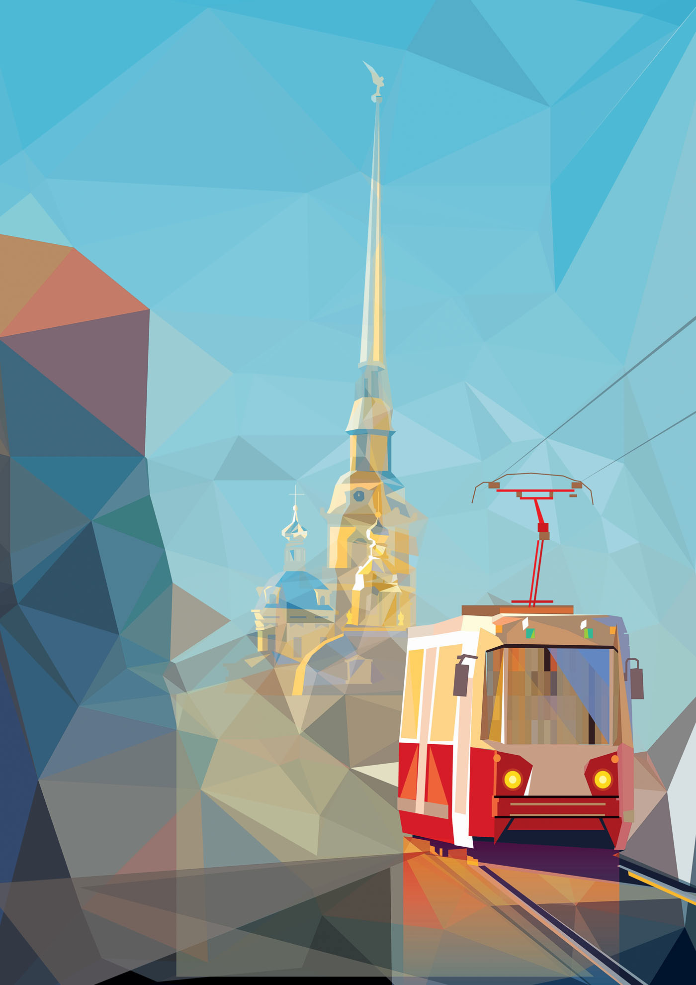 Trams Low Poly calendar illustrated vector industrial Russia city