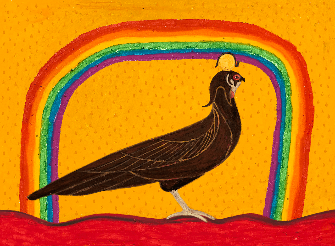 Bird standing under a rainbow.