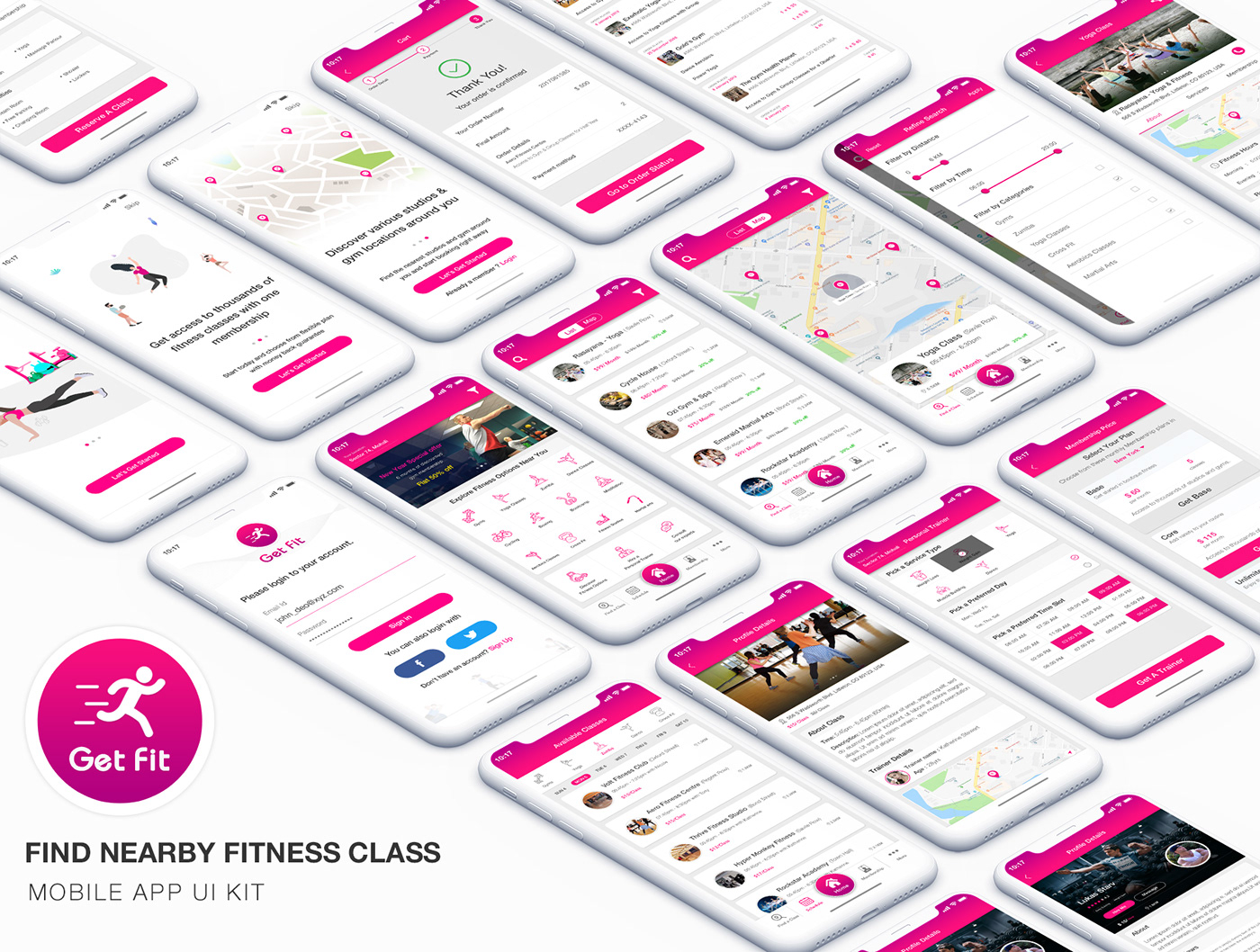 fitness workout gym Yoga Get Fit ui kit Fitness Classes App UI Kit iphone android
