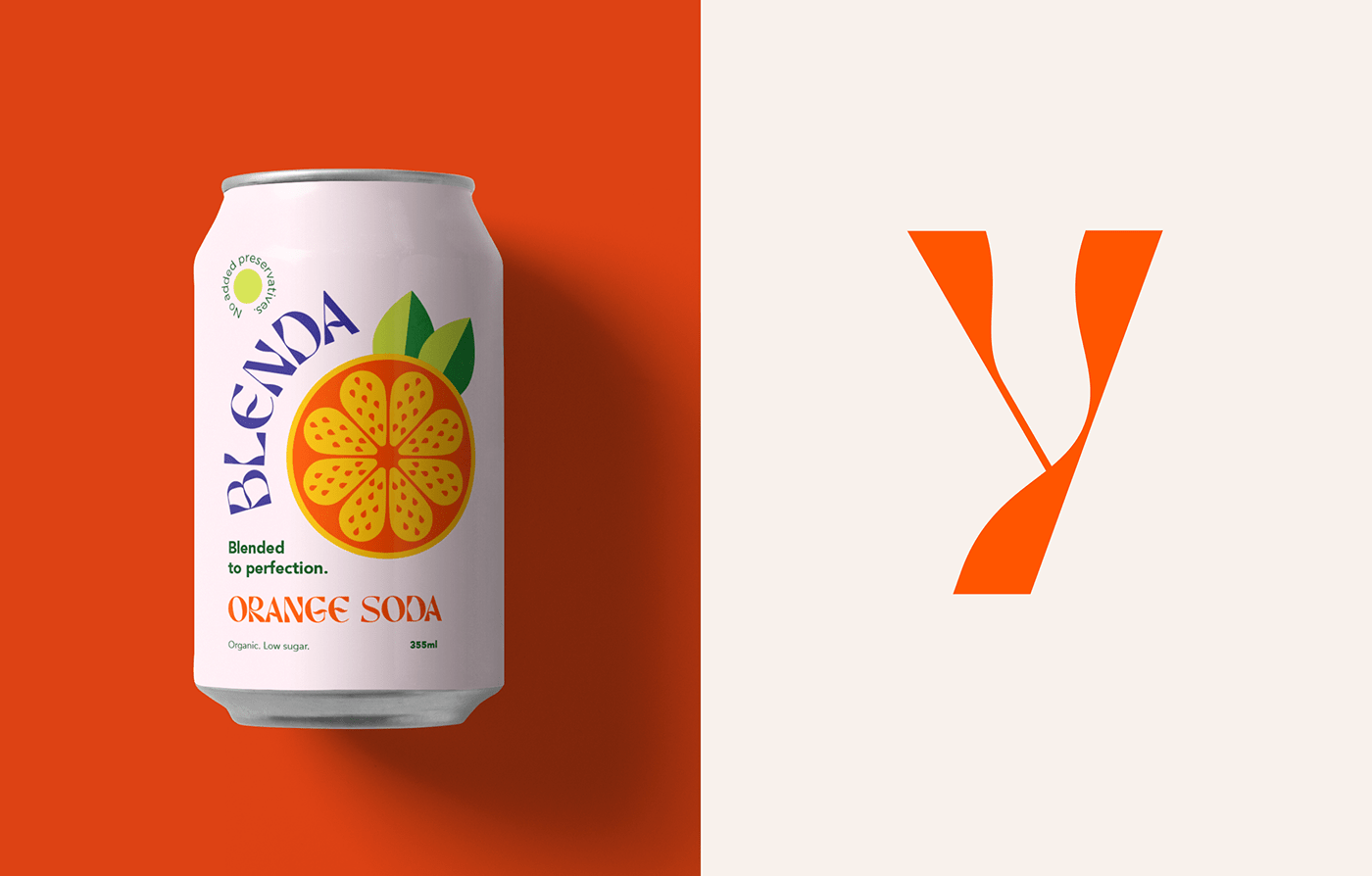 Blenda soda can conceptual packaging design and branding. Orange soda packaging design.