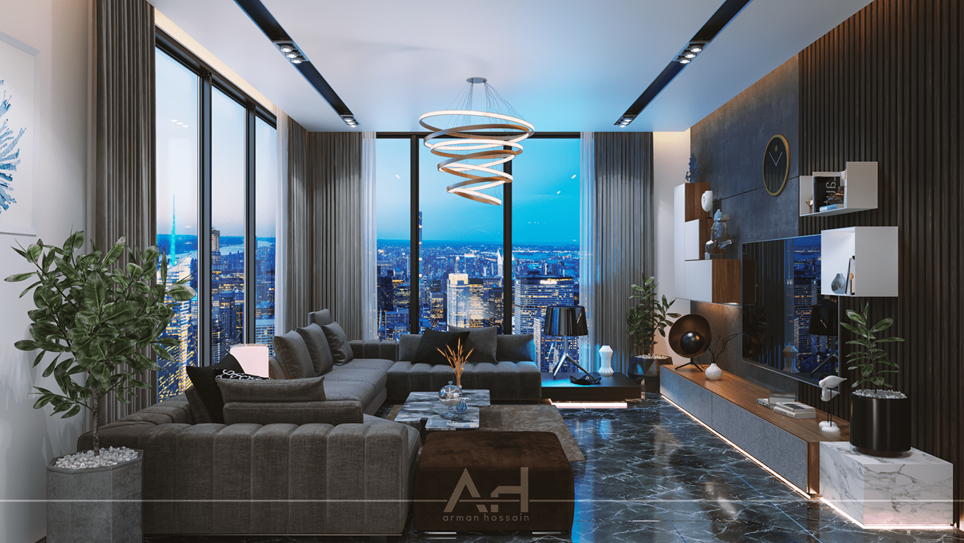 night cityview modern interior highrise