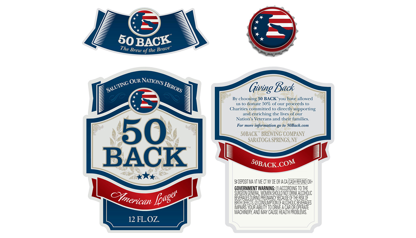 Packaging brand identity beer bottles 6-pack 50 Back Fine Beer Purveyors soldier salute stars stripes flag patriotic charities veterans