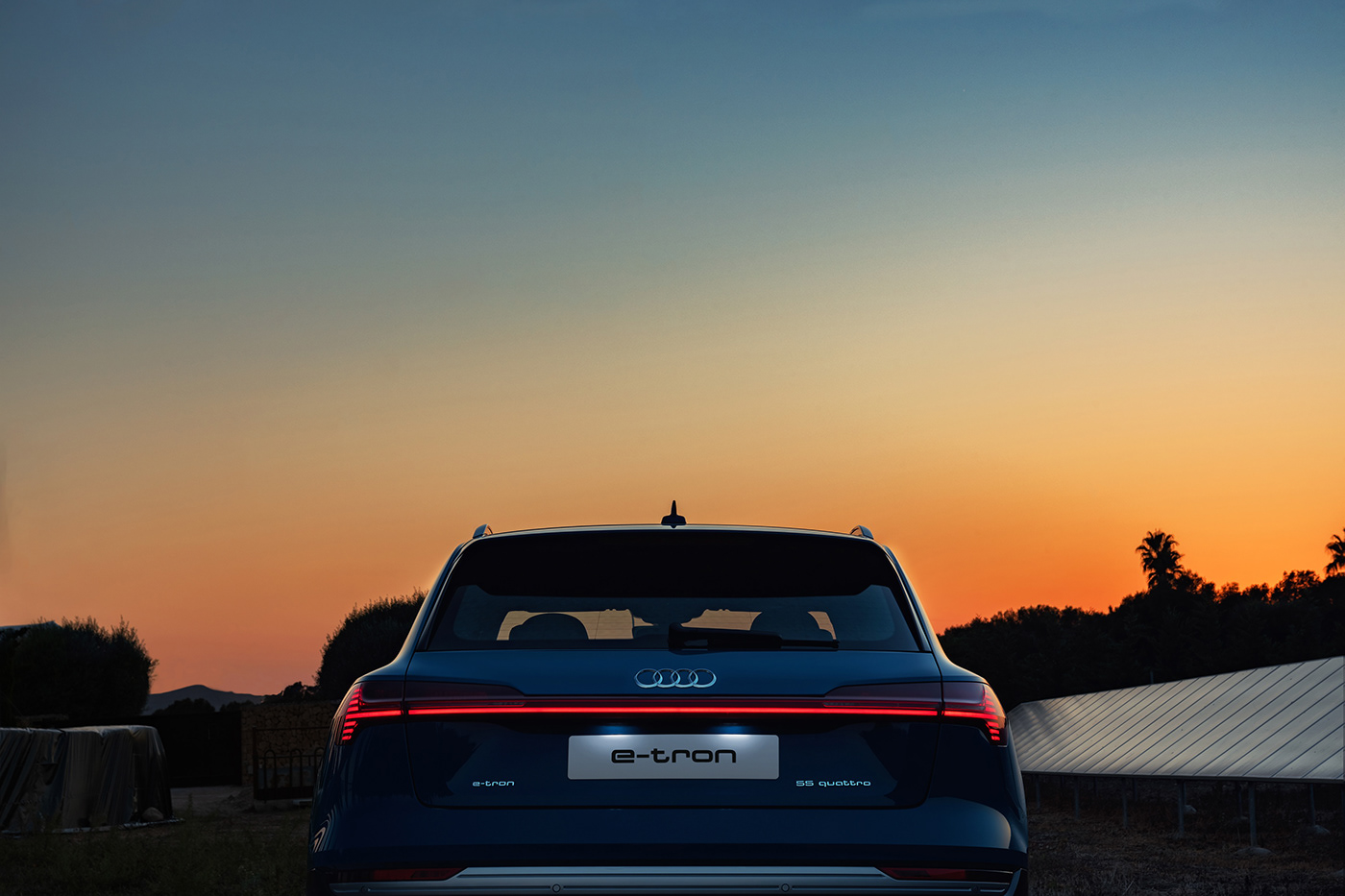 Audi e-tron sunset shot by Dean Wright Photography in Solar Farm. More on deanwrightautomotive.com