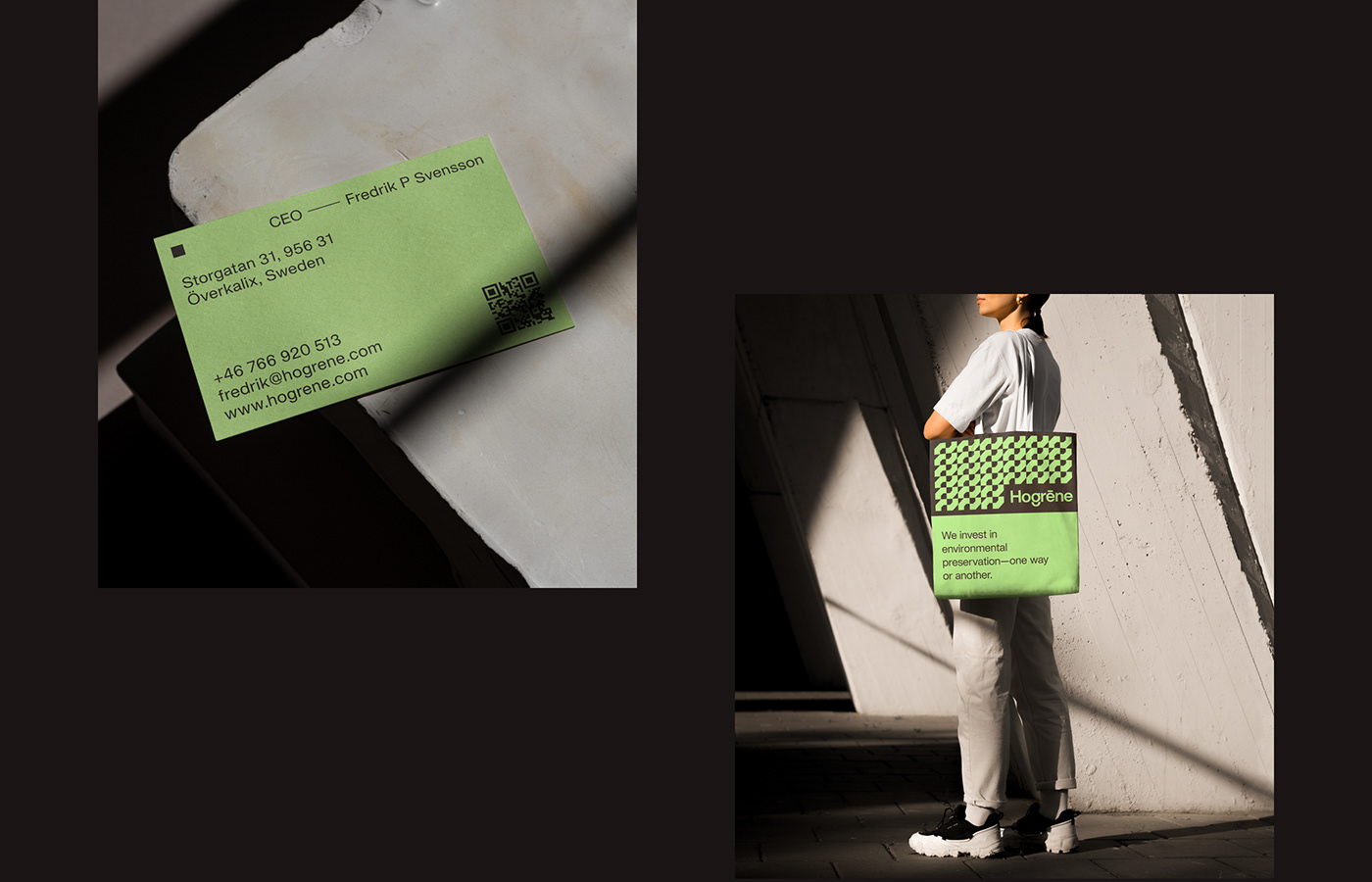 Hogrene case study by Uniko studio. Business card and tote bag design.