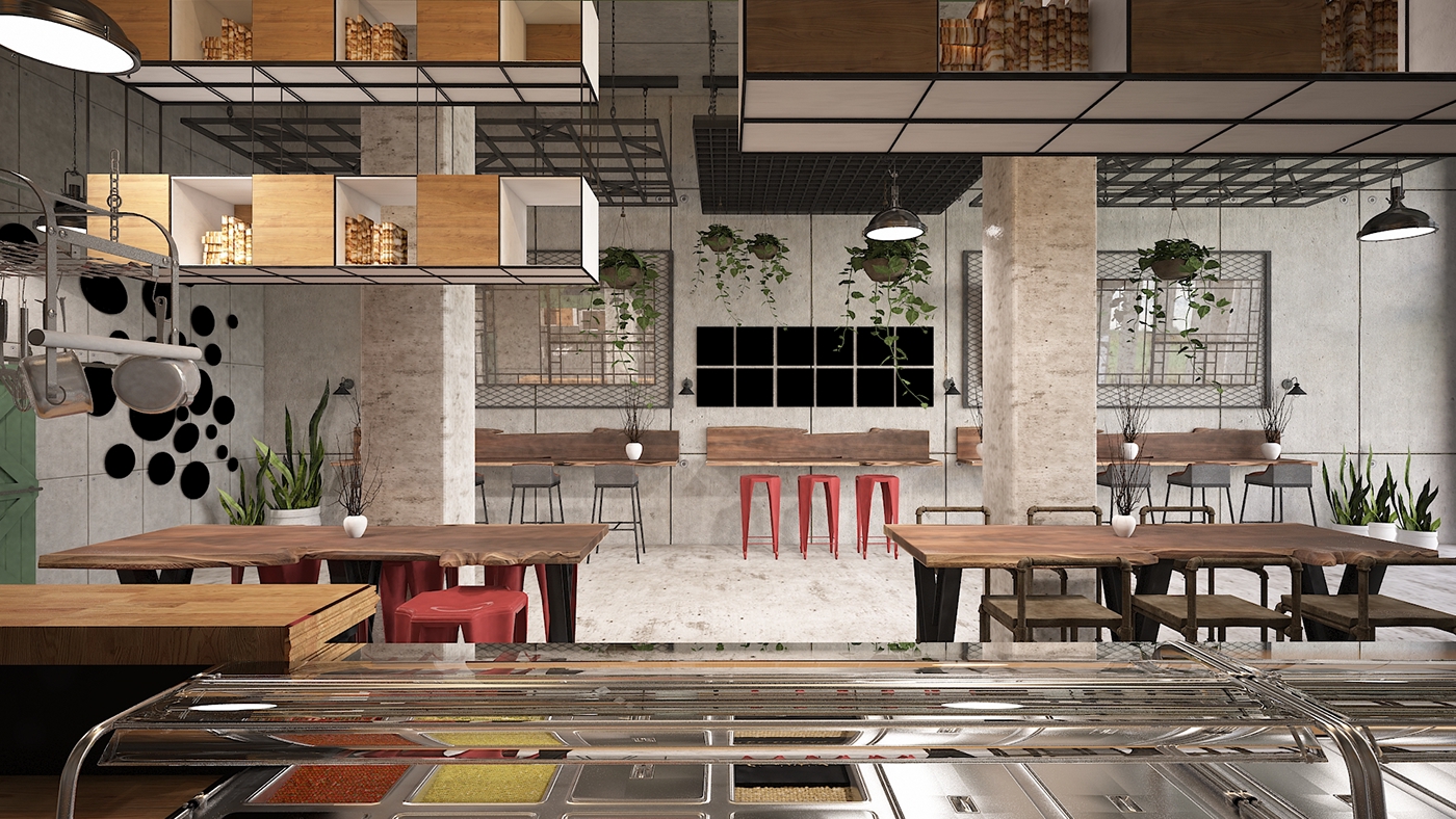 interior design  LOFT restaurant design take away concrete 3d render 3D model