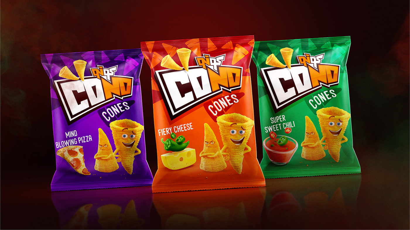 Packaging branding  snacks 3D Characters Puffs popcorn cones brand identity Food Packaging packaging design