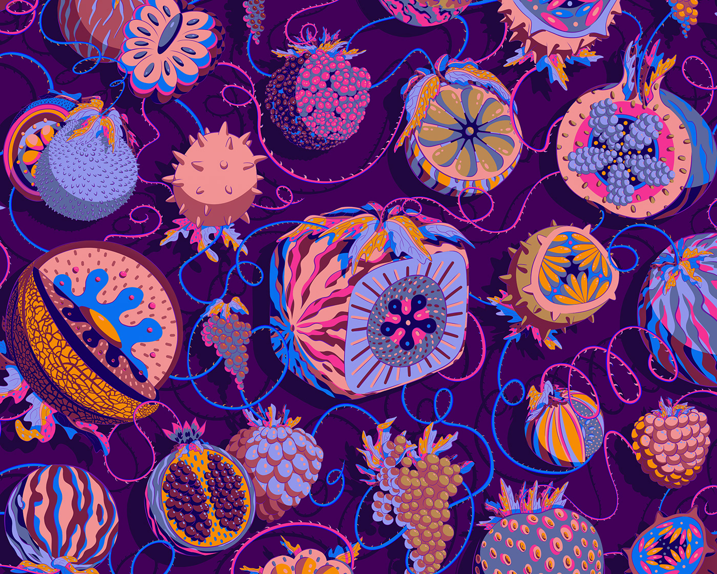 Pattern in purple wine colours depicting and variety of unusual fruits with thorny stems.