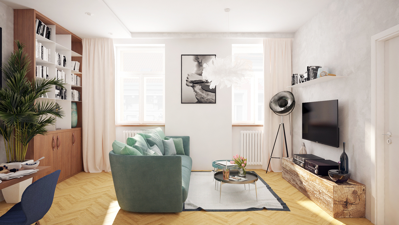 visualisation 3d Visualisation bedroom livingroom kitchen wood carpet concrete books small