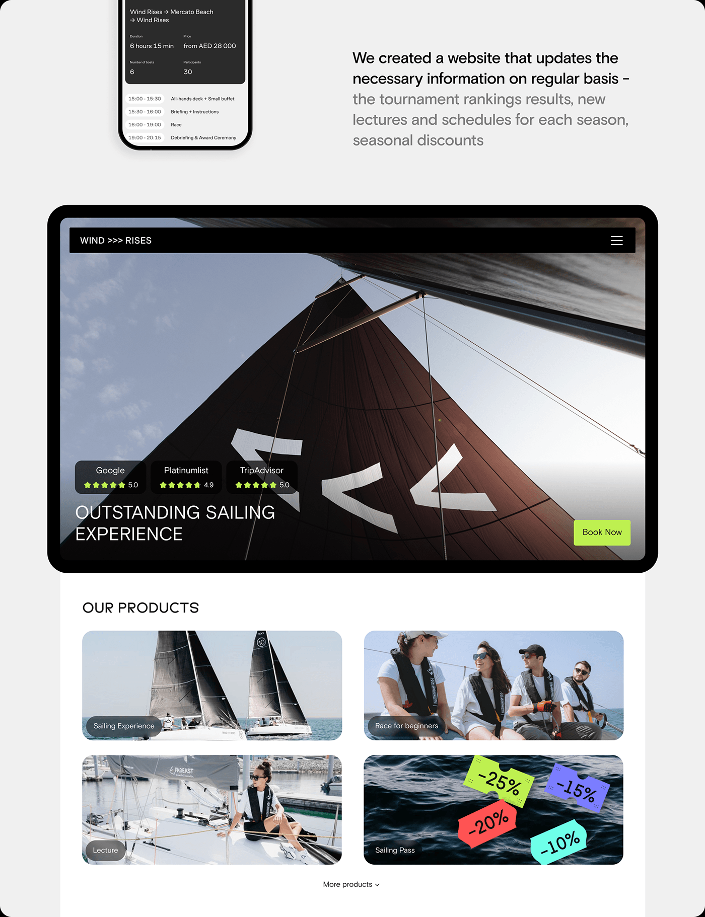 website with sections dedicated to yachting, training and racing, redesign