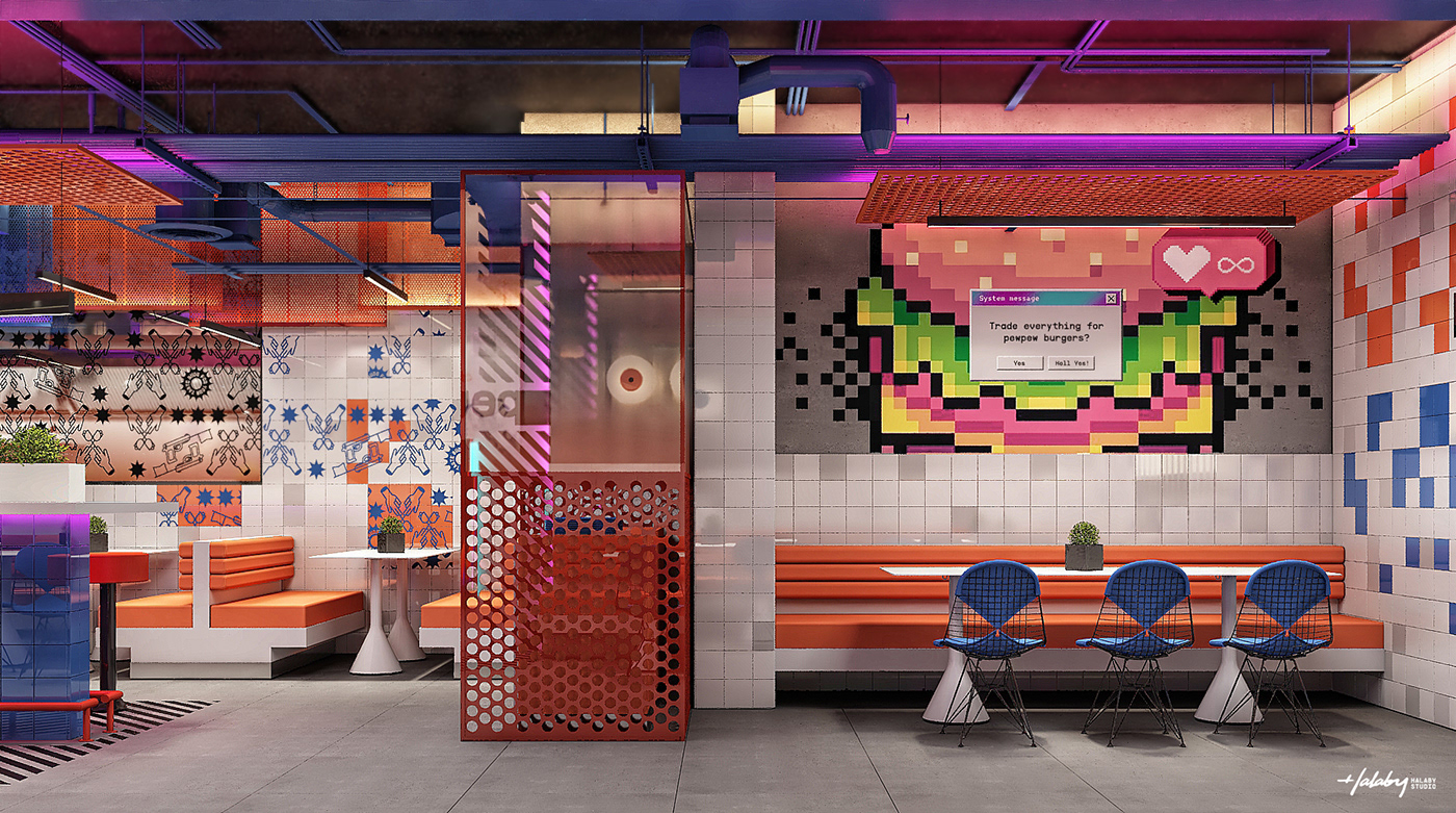 branding  burger Food  graphic design  interior design  junk food restaurant retrowave vaporwave visual identity