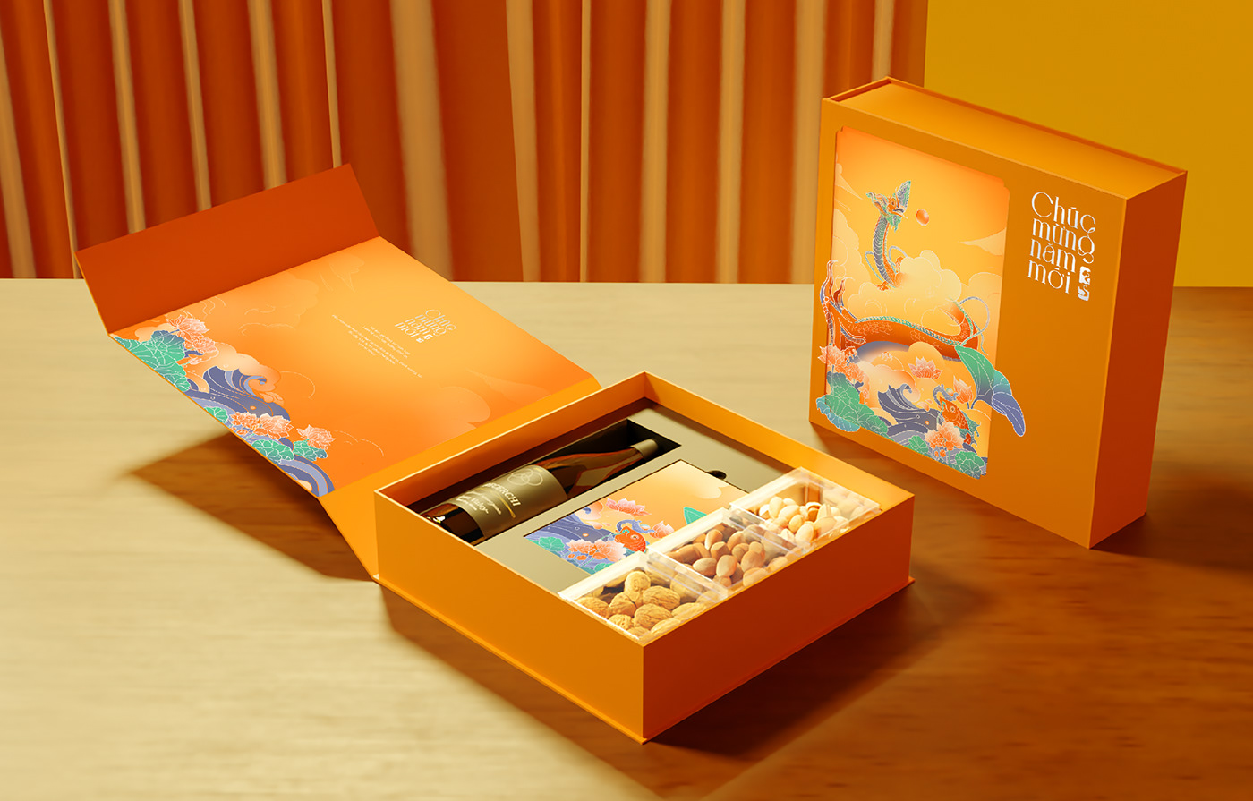 packaging design vietnam graphic design  Tet Holiday gift box Packaging 3D ILLUSTRATION  CachephoaRong IndayCreative
