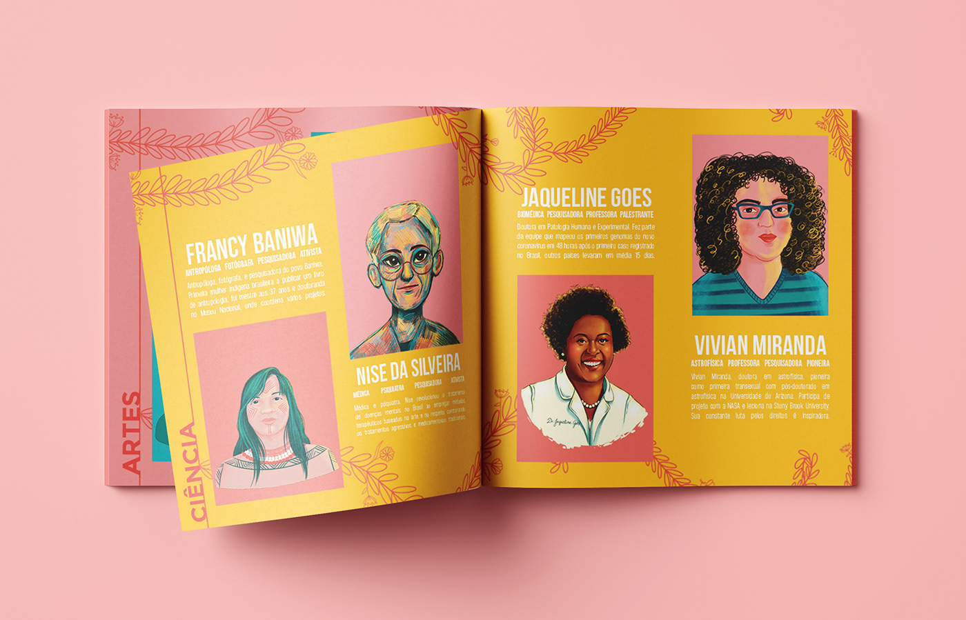Mockup of a sticker album with illustrated portraits of empowered brazilian women in science.