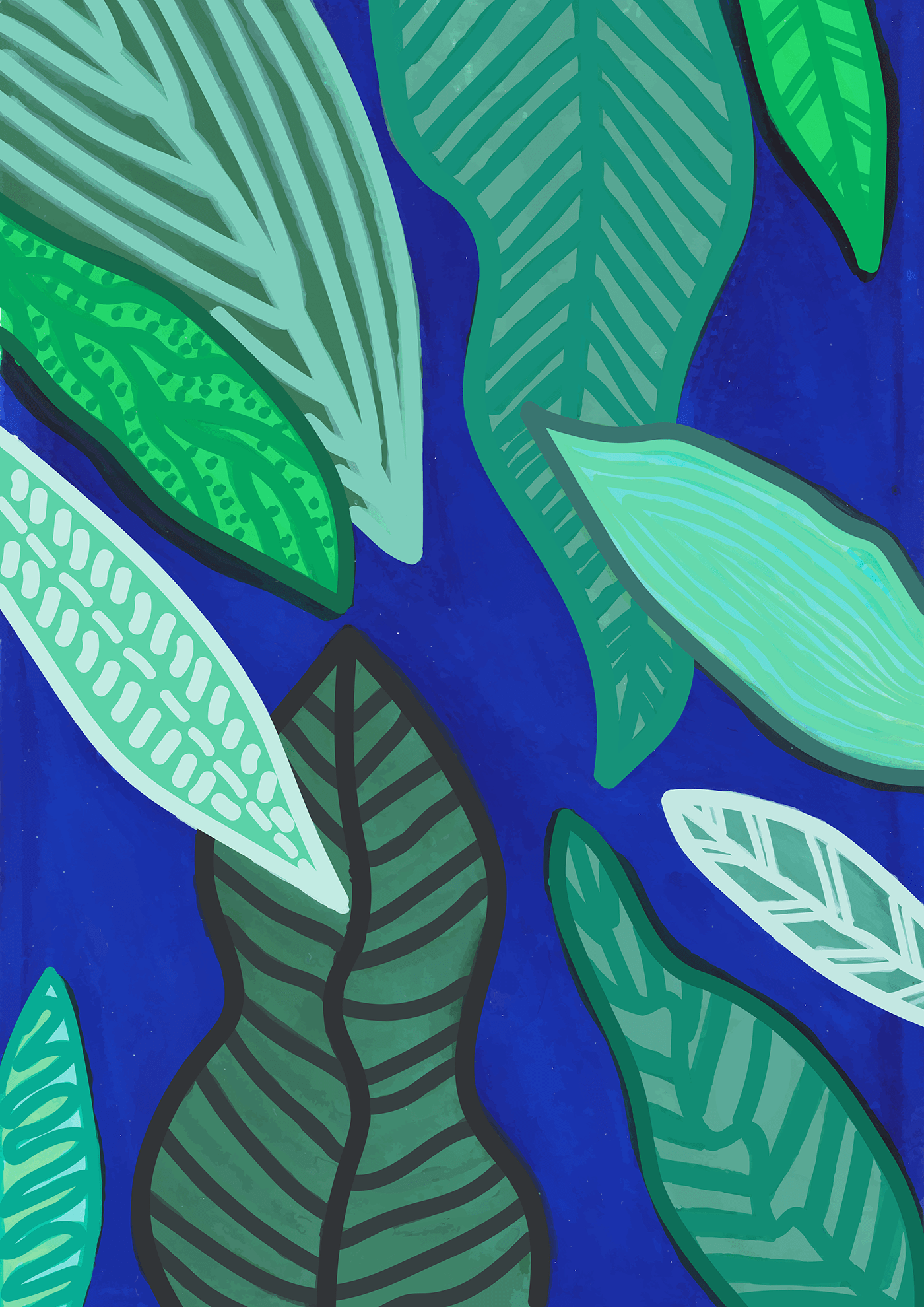 handpainted green gouache leaves with a brilliant blue background 