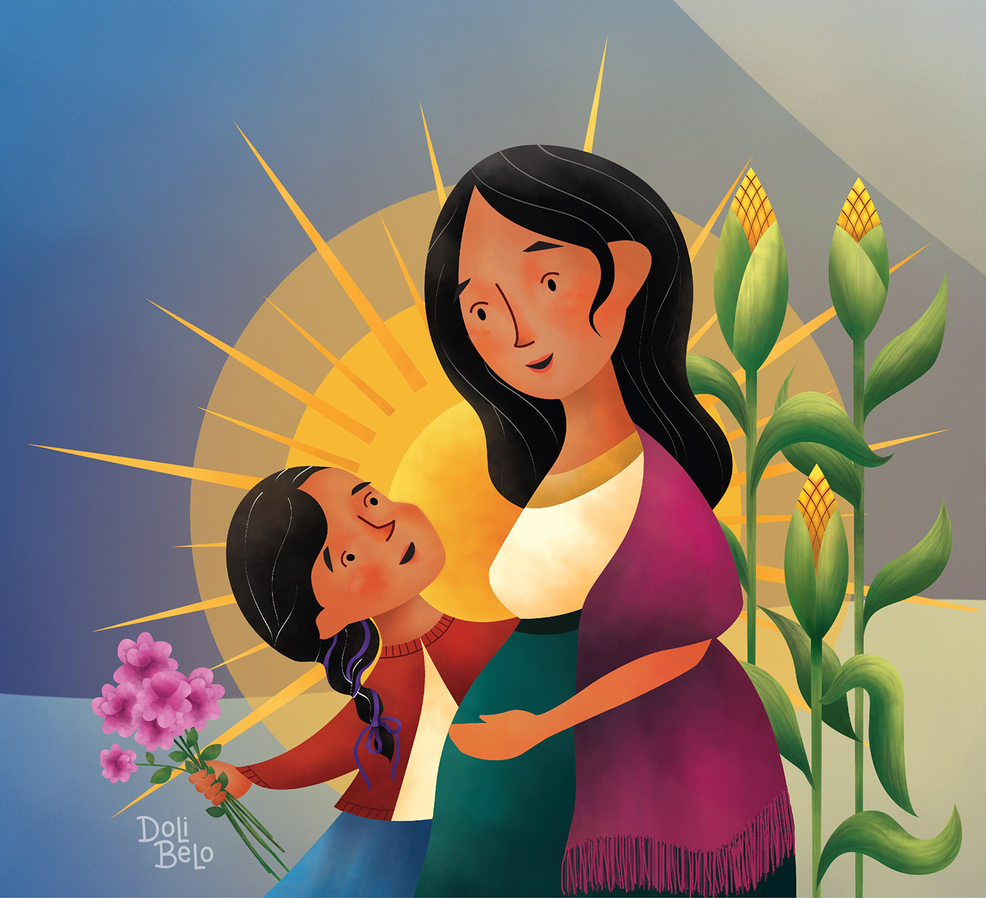 mother,Andean,daugther,pregnant,Sun,ILLUSTRATION ,nariño,Love,woman,Illustr...