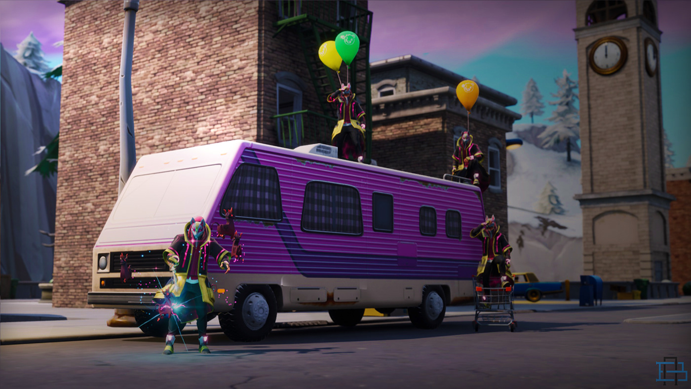 Fortnite wallpaper Dirft Tilted towers tilter towers bus baloons party baloon