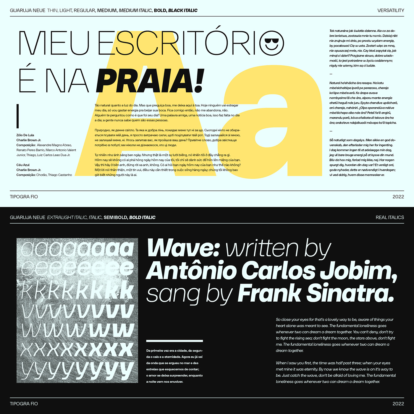 Editorial layout of Guaruja Neue and italics alike ocean in a picture; with Brazilian songs