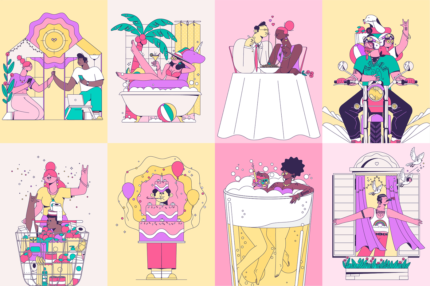 revolut 2DAnimation animatedloops app beers Character design  dinner HOUSEPARTY ILLUSTRATION 