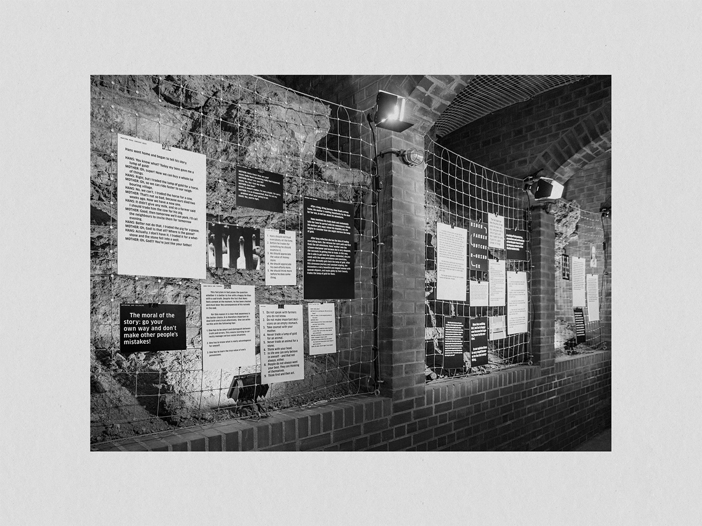 Exhibition  Exhibition Design  typography   Hans in Luck fairytale brothers grimm scenography black and white