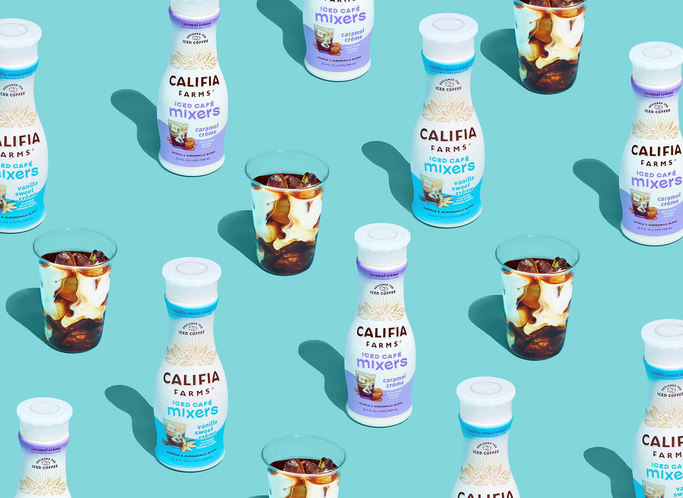 Califia Farms bottles mixers label design beverage brand strategy creamer farm design Packaging redesign brand identity