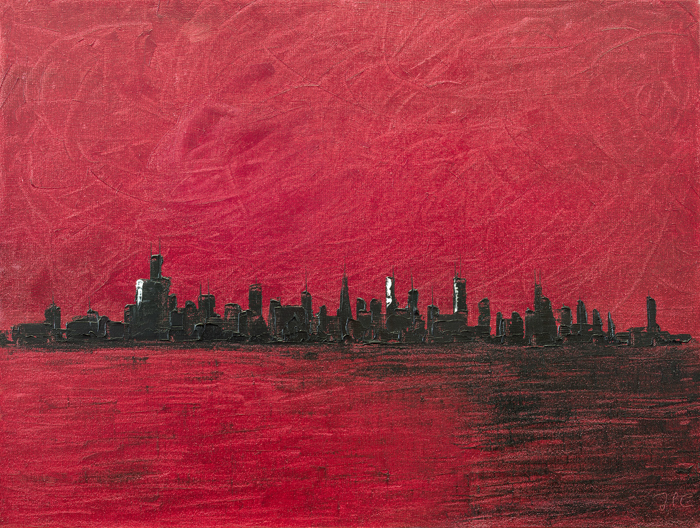 jesse colton art cityscape painting knife texture black red Silhouette