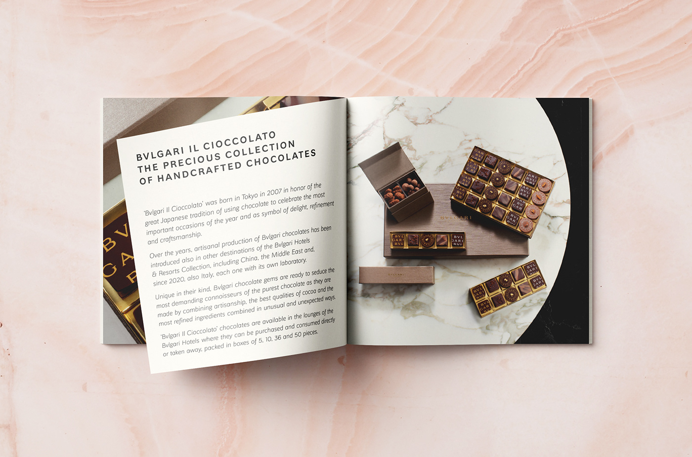 Doppia pagina della brochure "Il cioccolato" creata per Bulgari Hotels & Resorts