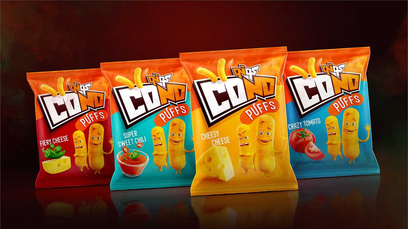 Packaging branding  snacks 3D Characters Puffs popcorn cones brand identity Food Packaging packaging design