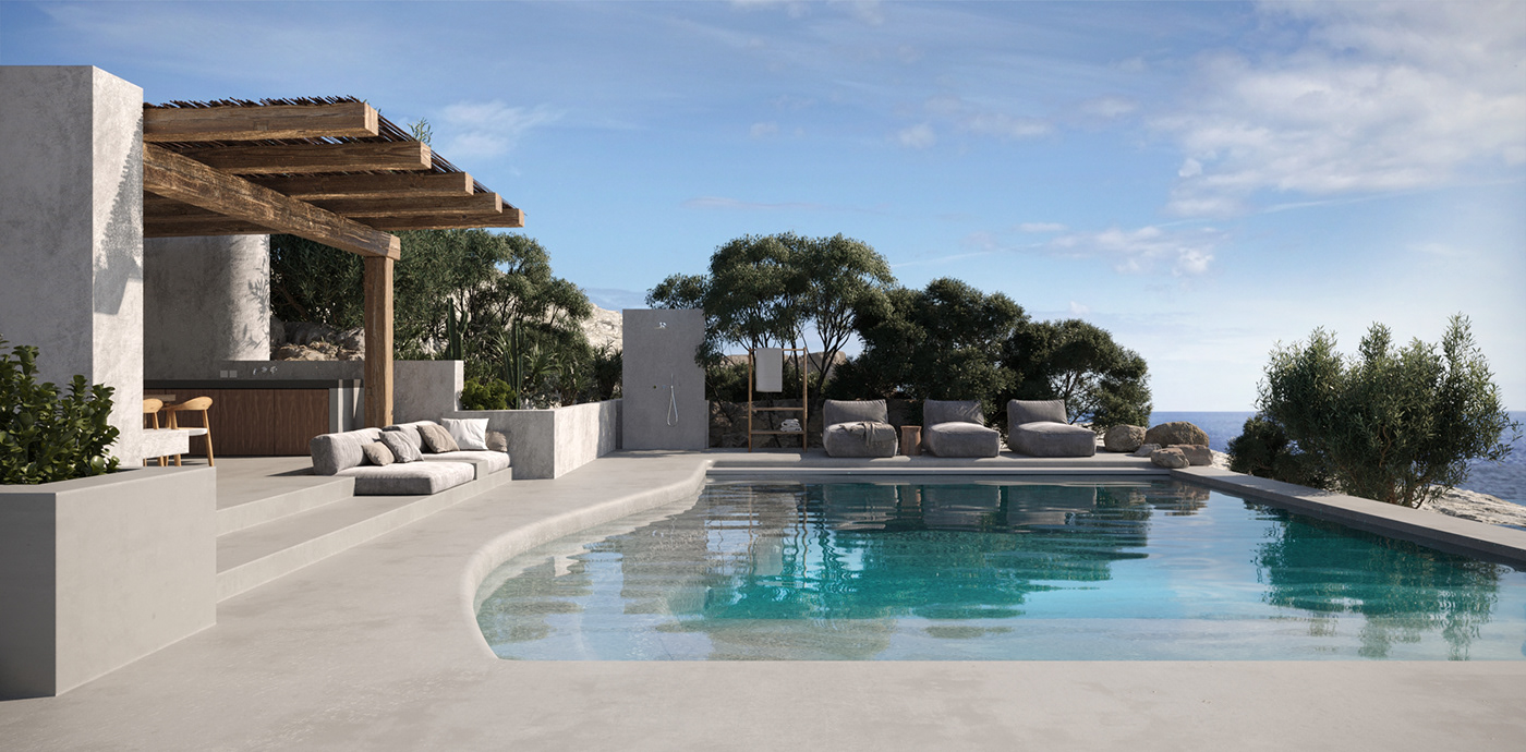 3drender architecture archviz CGI exterior Greece Landscape Pool Render visualization