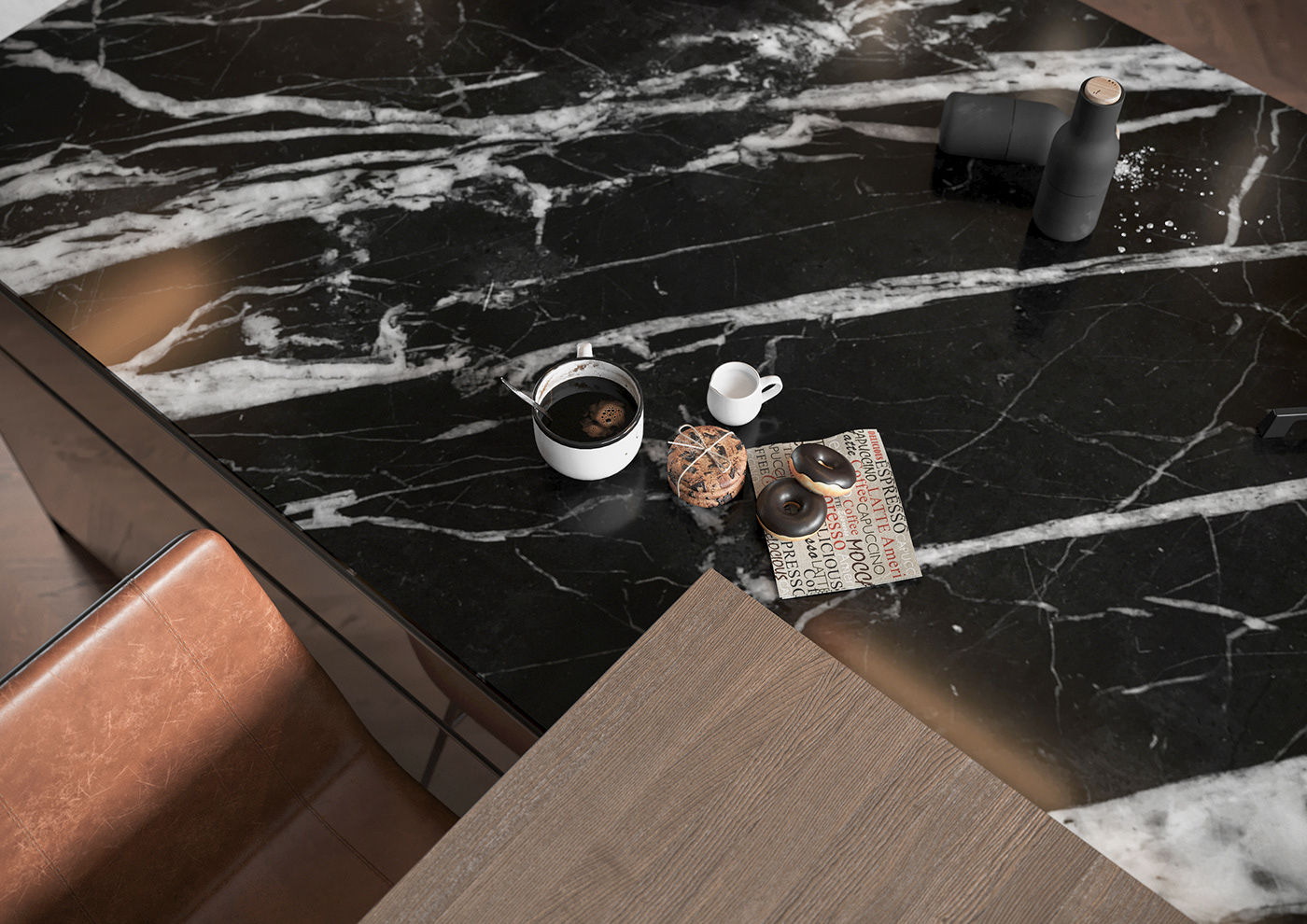 cold dark kitchen livingroom Marble minimalist Minotti rain