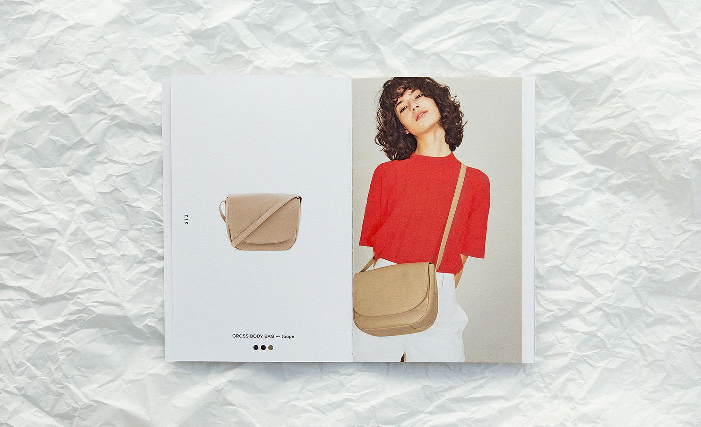 Lookbook brochure clean editorial Layout bag leather typography   open thread-stitching swiss brochure