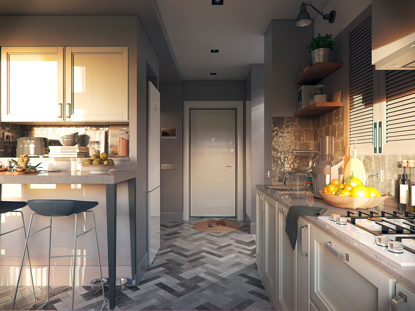 apartment interior design  Interior photorealistic render Scandinavian kitchen bedroom living room 3ds max vray