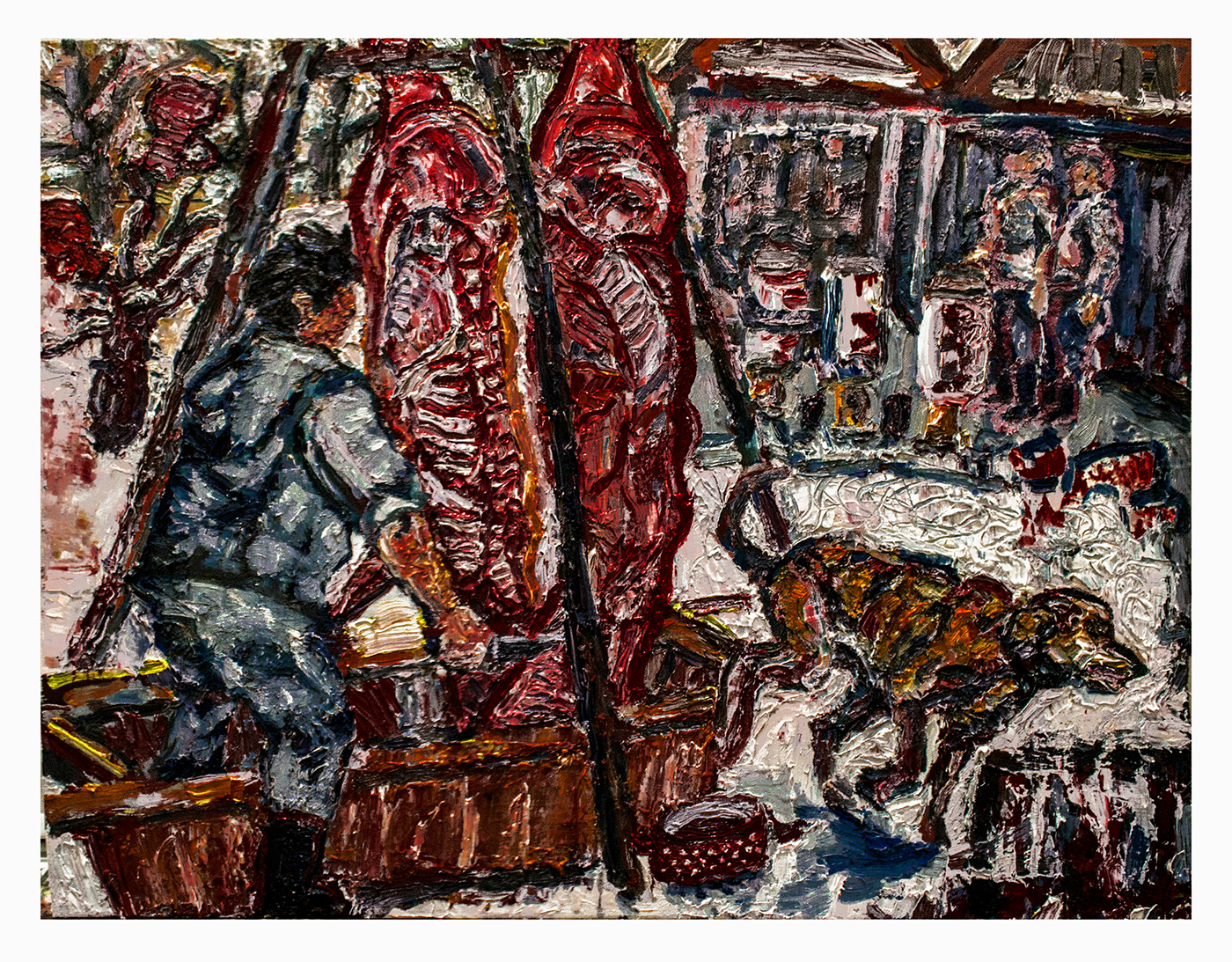 butcher cutting dog eviscerate Expressionism meat painting   pig pork winter