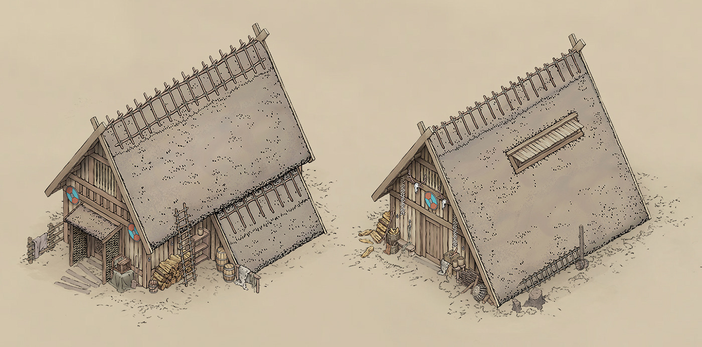 viking nordic town archıtecture envıronment vıllage Isometric lineart building game